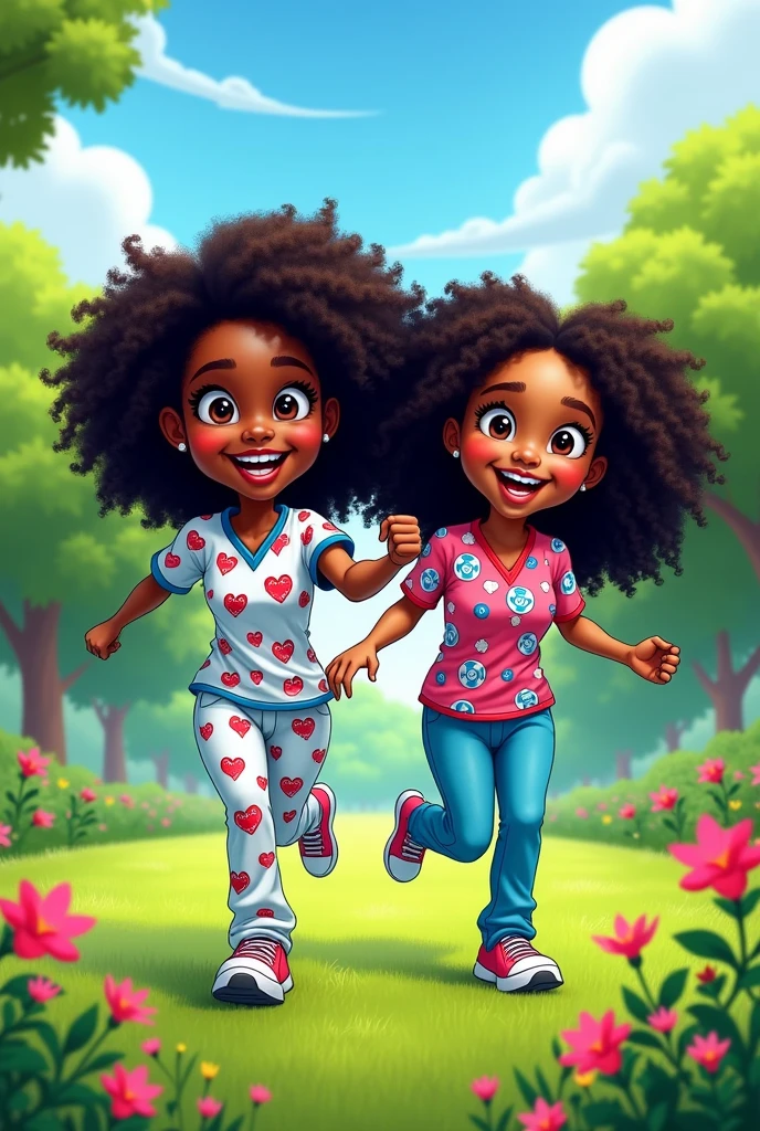 Black Woman Caricature, long curly hair down to the butt, Round face. Another black woman with long curly hair. They are running in a park and are dressed as nurses.