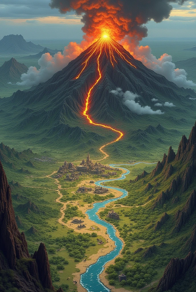 a DnD map of fantasy land like continent with an big volcanic mountain in the north part of the continent