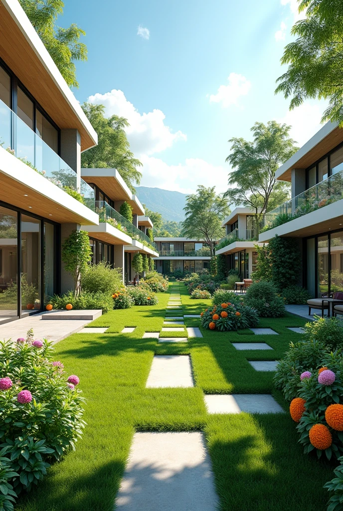A high-quality panoramic image or rendering of the residential complex, Showing the homes surrounded by green areas and modern design.