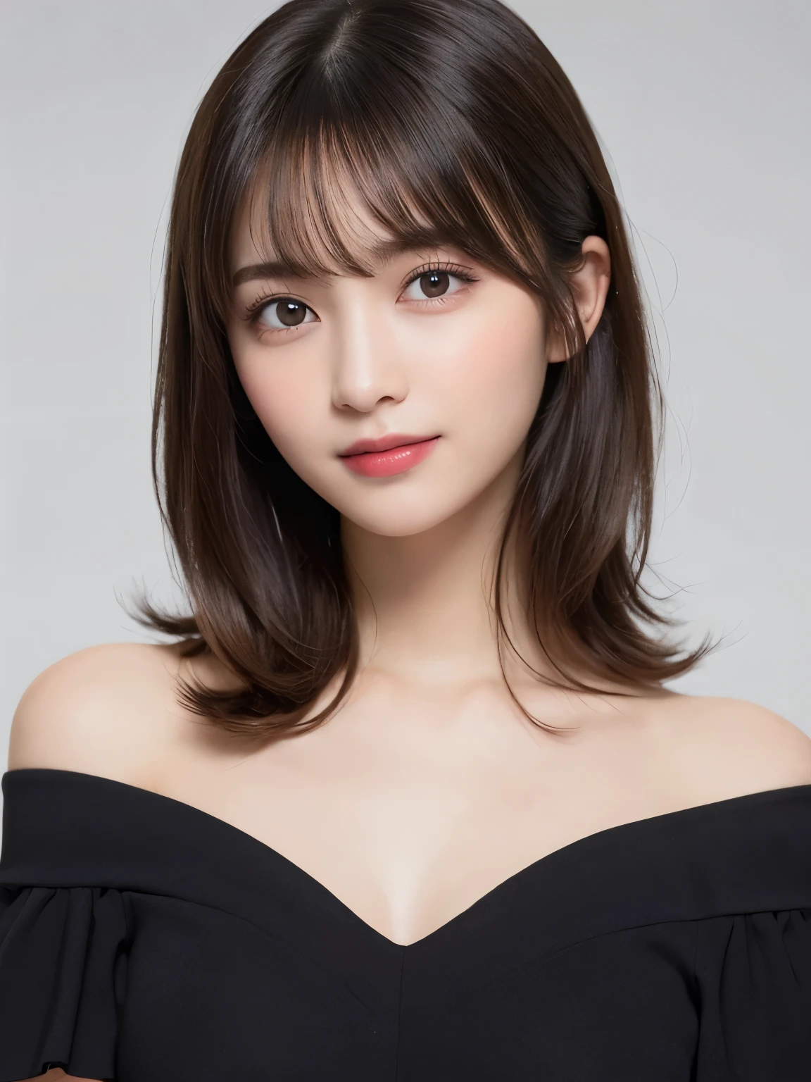 white background, full body portrait, looks very happy, smile, one girl, (a beauty girl, delicate girl:1.3), (20 years old:1.3), (wear black off shoulder dress), very fine eyes, (symmetrical eyes:1.3), C cup breasts, brown eyes, parted bangs, short hair, (eyes and faces with detailed:1.0), (masterpiece, best quality, ultra detailed, detailed face, 8k)