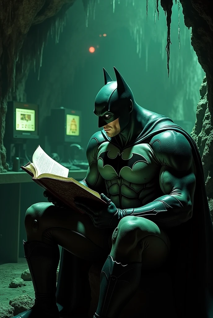 Arkham Origins muscular Batman reading a book in the Batcave