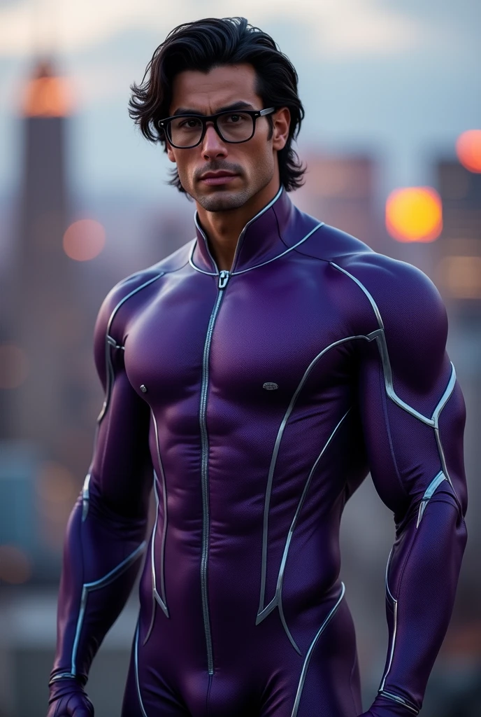 Male super hero, signature color is purple, dark medium hair, white but a bit tan, muscular. Wears glasses, cool super hero suit