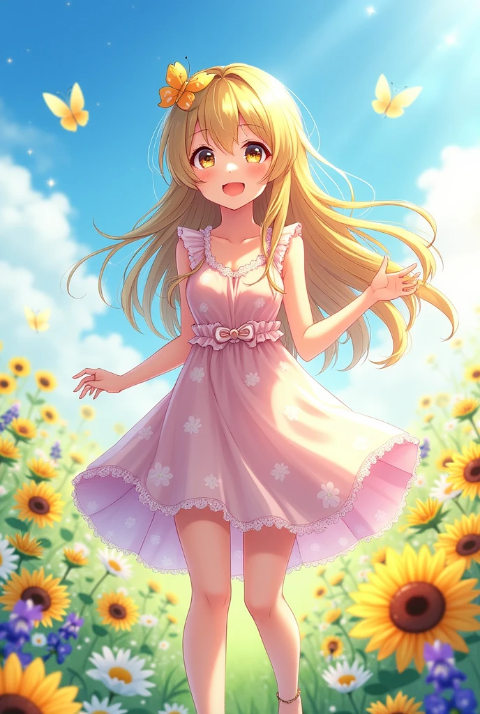 A woman stands amidst flowers, smiling brightly.
Anime girl