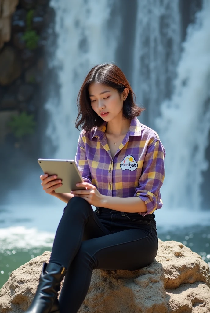 Beautiful Korean woman with white, clean, smooth skin, wearing a purple, yellow and white checkered shirt, mamaskygibs logo, black jeans, boots, sitting on a rock while holding an iPad, waterfall striped background, original photo