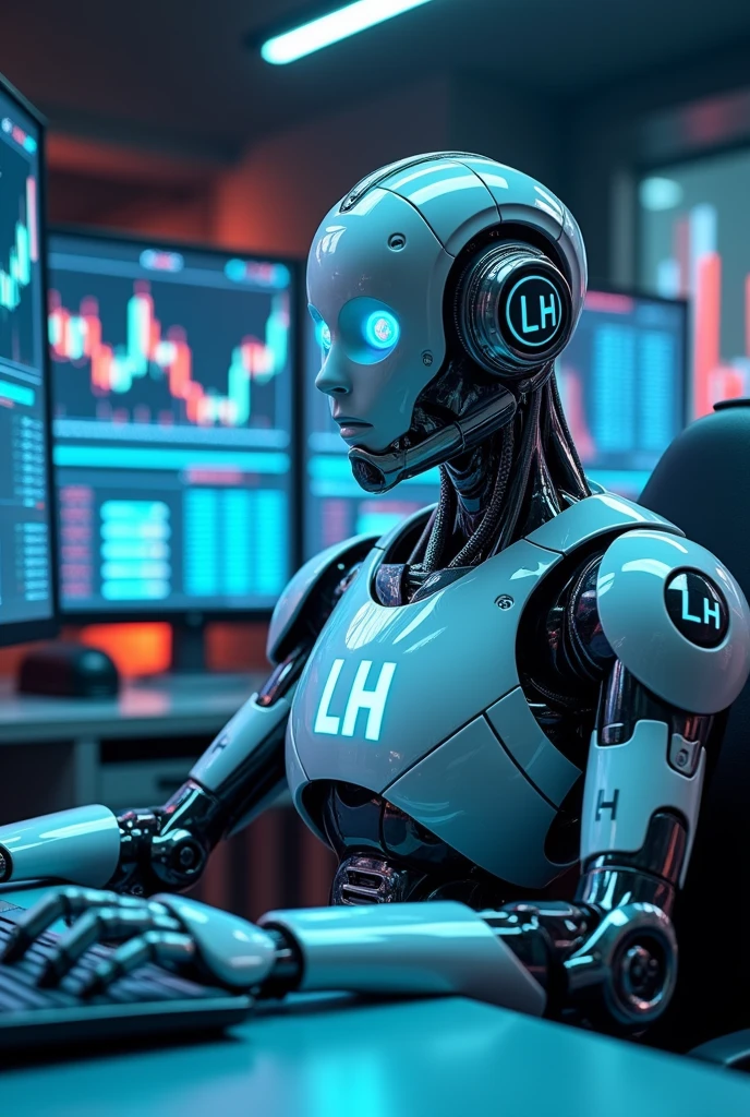 robo futurista, with blue eyes, sitting at the table in front of the computer, with the letters LH on his chest, around him several monitors with stock market charts. robo. sitting front. robo sendo de frente. Put the LH letters on your ear. change robot style. Make the letters LH more visible. Change Robot style. 