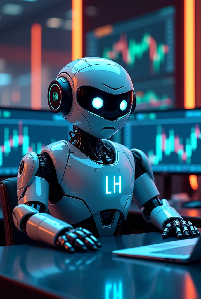 robo futurista, with blue eyes, sitting at the table in front of the computer, with the letters LH on his chest, around him several monitors with stock market charts. robo. sitting front. robo sendo de frente. Put the LH letters on your ear. change robot style. Make the letters LH more visible. Change Robot style.