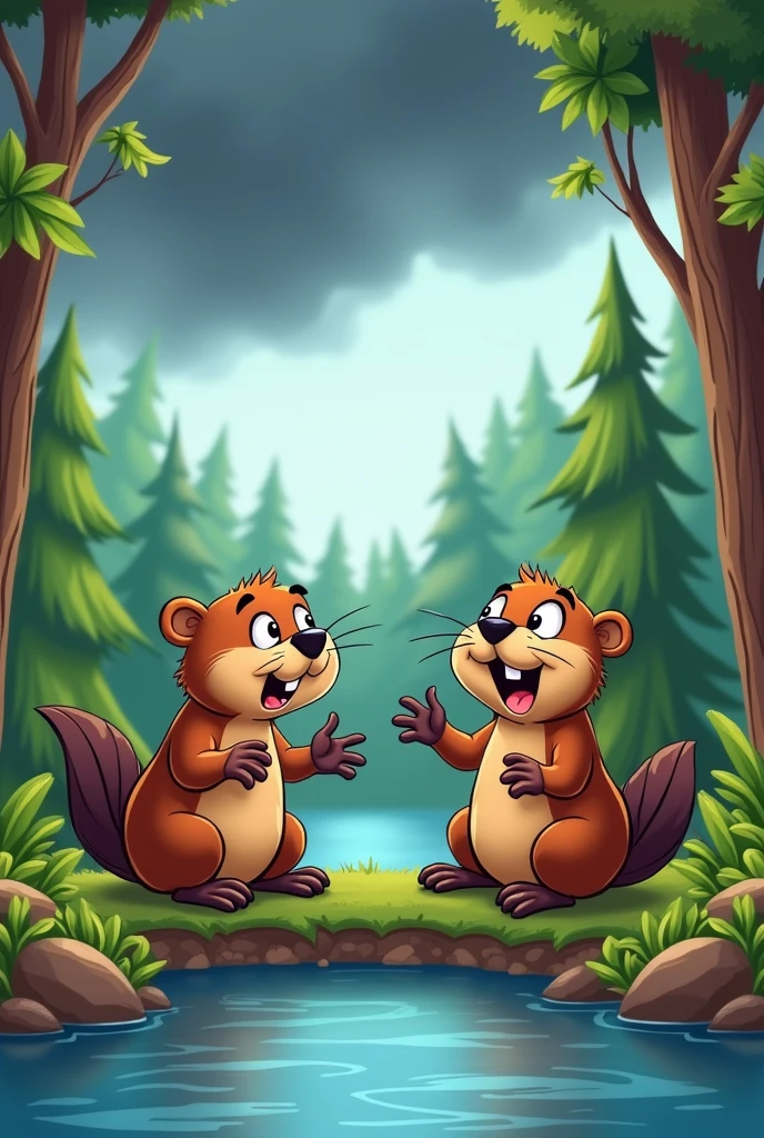 Draw a beaver talking worriedly with another beaver that a storm is coming with cartoon style as drawing