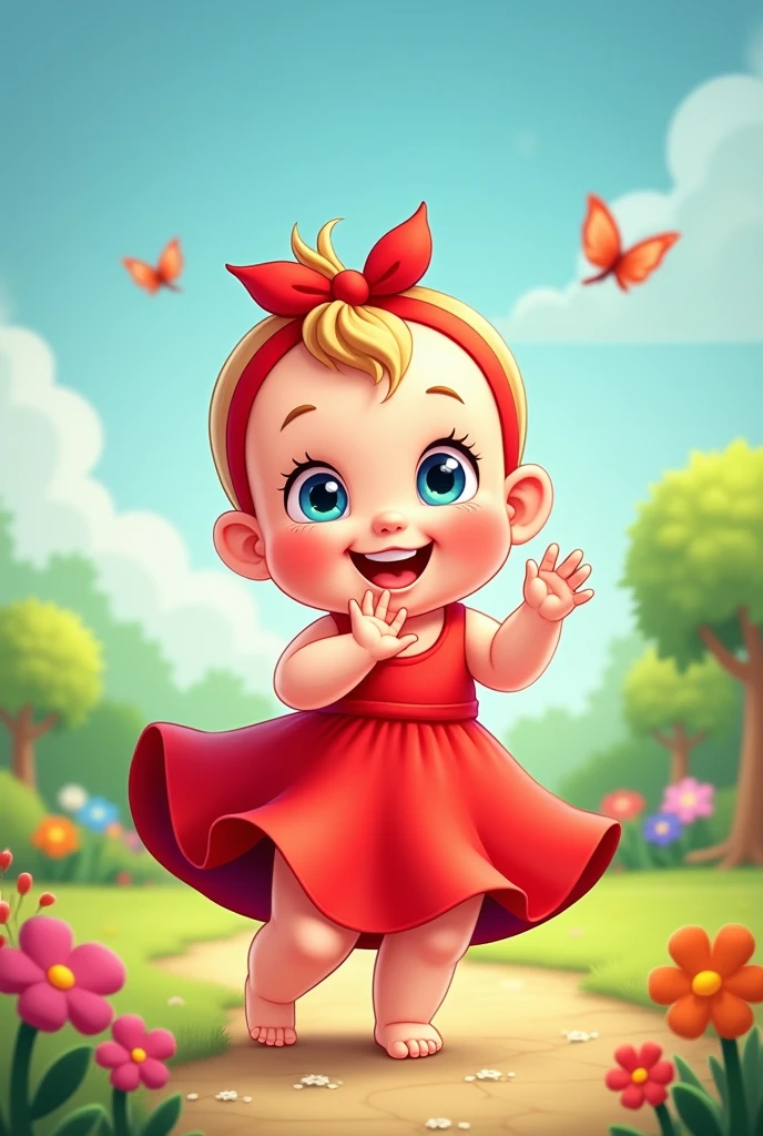 Smiling baby woman in red dress and red headband, animated cartoon
