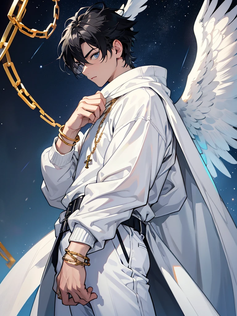A 20 year old boy with black hair, Light blue eyes with a white tone and a serious look, long grey pants, white long sleeved sweater, a cross chain three gold rings, Angel wings, STARS BACKGROUND 