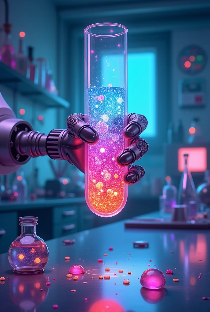 Cartoon of a test tube with ions inside, being held by a mechanical laboratory arm 