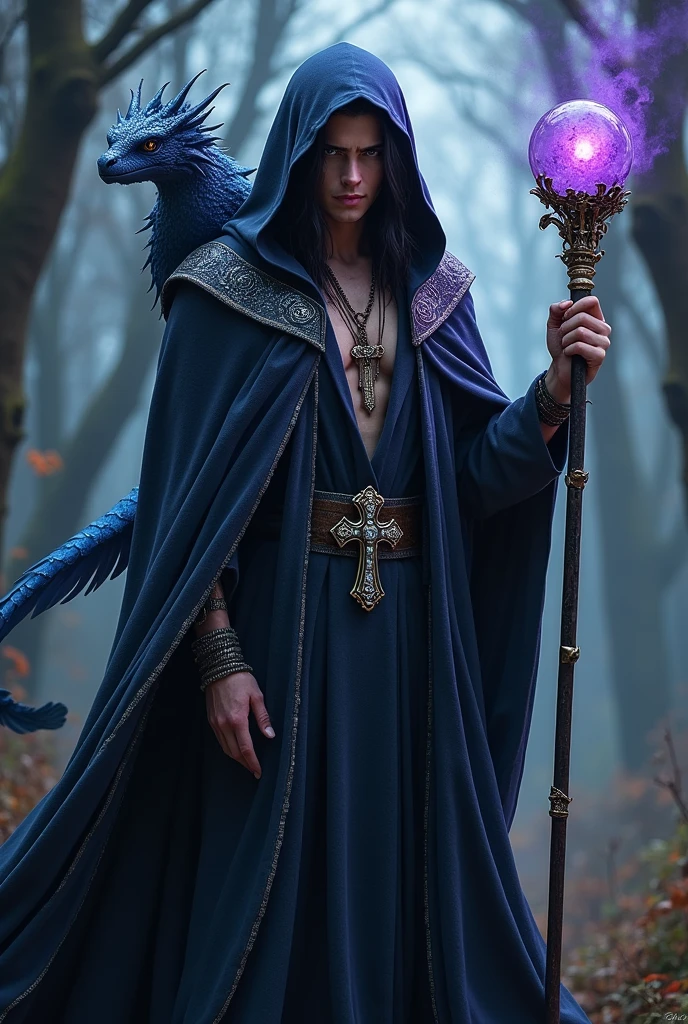 A Wizard with black hair and no beard with a strong personality and has a cloak with a black hood and a staff with a round tip and has a purple sphere in the middle and has a blue dragon that sits on his shoulder with a necklace that has a cross