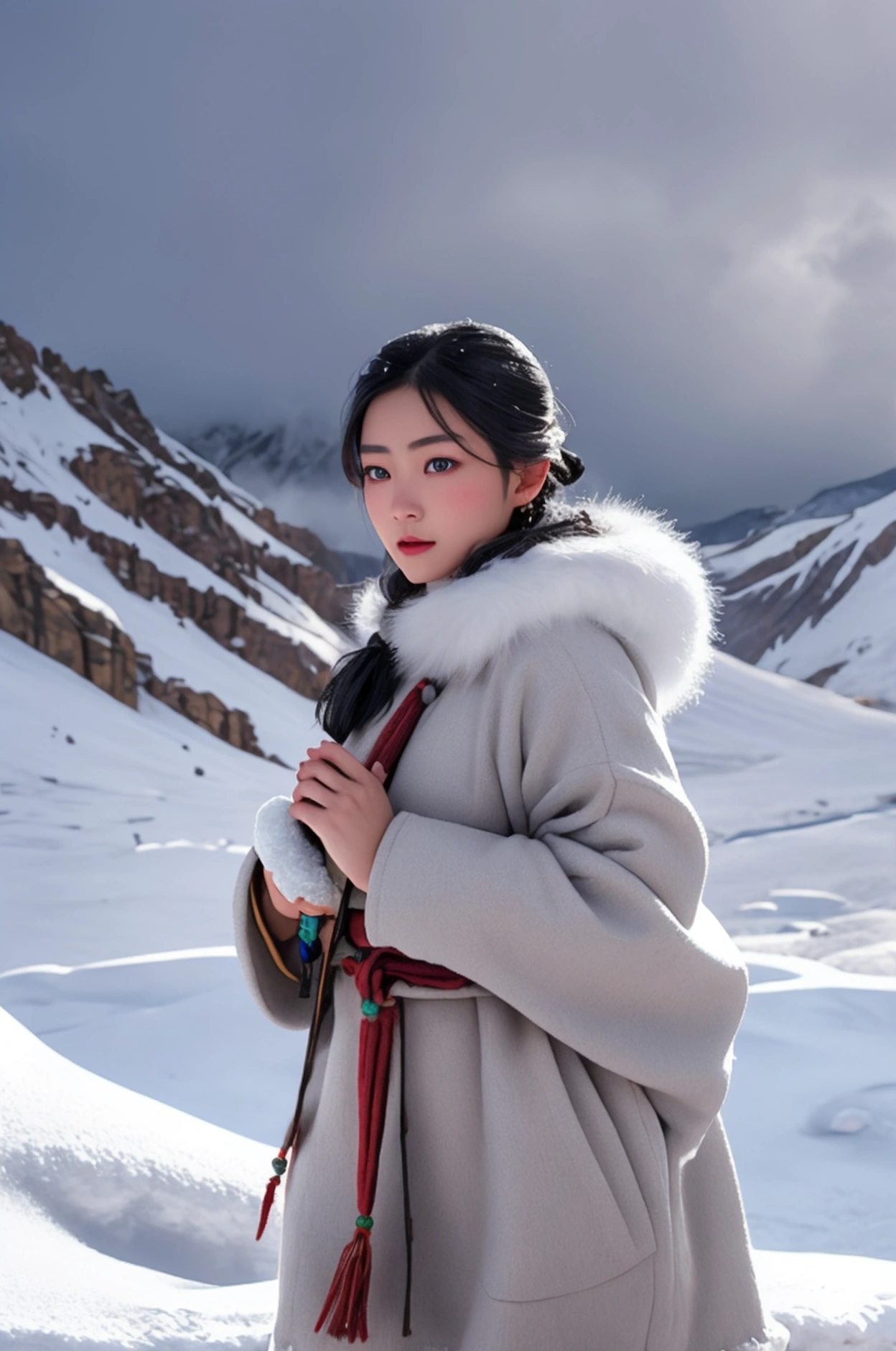 a realistic girl in native Tibetan clothing, holding a bow, walking through a snowy storm, highly detailed, 8k, photorealistic, detailed face, beautiful eyes, long eyelashes, detailed lips, detailed clothing, snowy landscape, blowing snow, cold atmosphere, warm lighting, dramatic sky