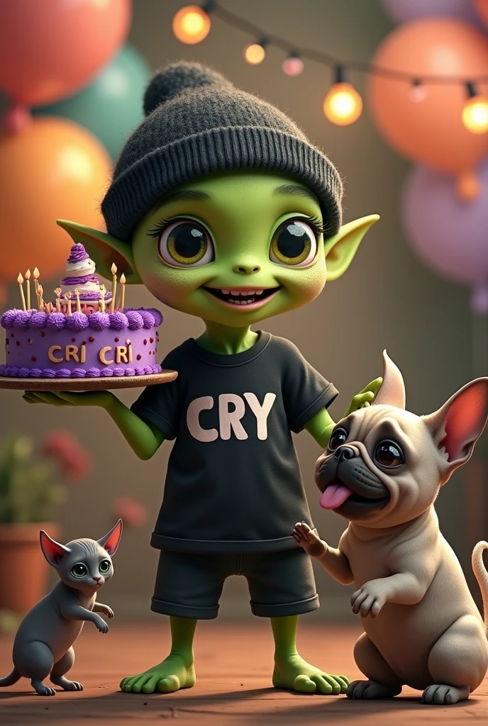 small green male alien with cute face no ears, dressed in a black beanie and a black t-shirt with the name CRY on it and carrying a purple 25th birthday cake with lively and intricate details, accompanied by a gray sphynx cat and a pug dog and that says on top happy birthday Cri Cri