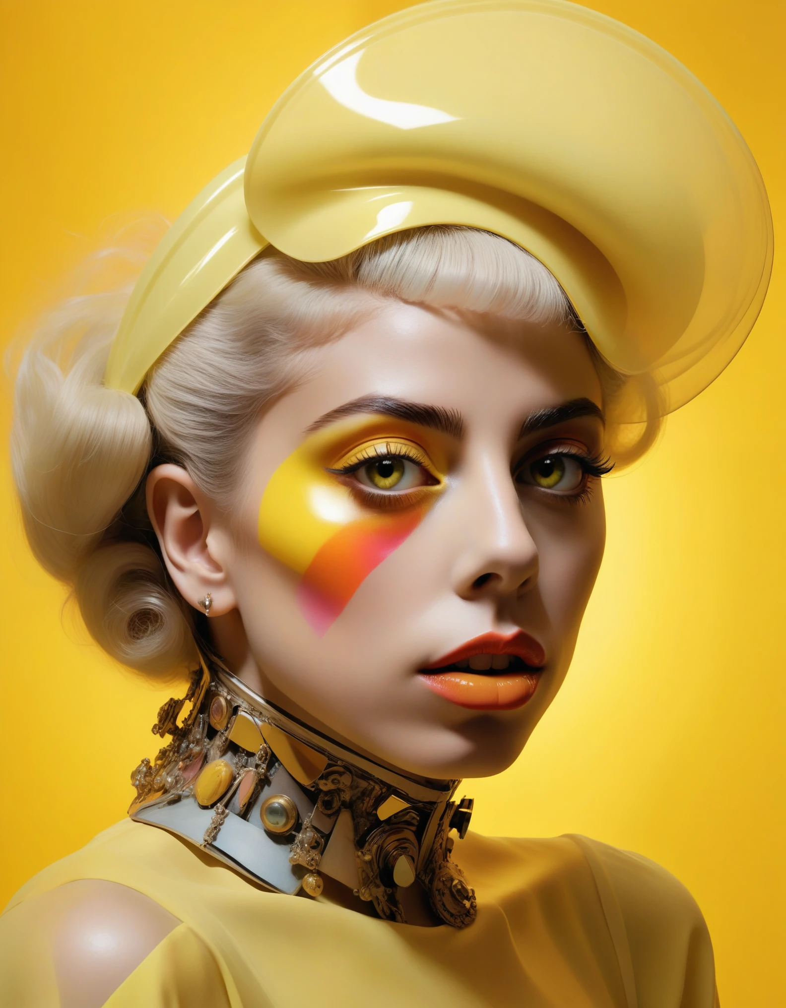 Ethereal aesthetic, colorful surreal collage Lady Gaga, x-ray dadaism art by Raoul Hausmann and George Grosz and Hans Leybold, deconstructed profile portrait of a young and beautiful Panamanian Slut from a ridley scott movie. piercing yellow eyes, soft smile, wearing a Slut outfit, bold makeup, glossy lips, detailed face, stunning beauty. (silhouette lighting), (rembrandt lighting), sunshine behind her, highly detailed, insane details, hazy, abstract background deda style, colors:
#7F5242
#97614E
#AF715B
#C78067
#CE8F79
#D49F8C
#DBAE9E