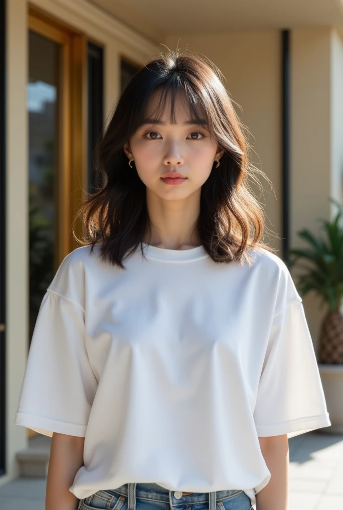 Wolf Hairstyles、Layered hairstyle、Light hairstyle、Light tips、Shoulder-length hair style、Very bright natural light、In front of a luxury building、White T-shirt、K POPアイドル風な顔、Natural Makeup、Soft dark hair color、Adult atmosphere