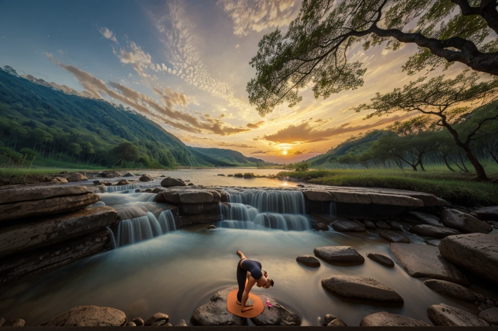 ((best quality)), ((masterpiece)), (detailed), perfect fantasia. Pessoa de corpo inteiro, testes largas, praticando yoga. Beautiful landscape with trees, riacho. Entardecer. Cinematic lighting yoga YOGA