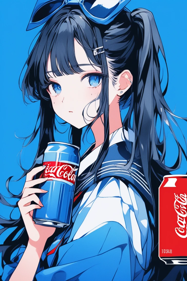 ((masterpiece,Highest quality)), 8k, anime , Realistic ,sketch, anime風のポートレート, 黒猫を連れたanimeの女性, 18-year-old, Blue gradient background, High school girl sailor uniform, Neon Ponytail Hair, lip,, Holding a can of Coca-Cola, Texture Trim, Japanese, whole body, (masterpiece,Highest quality)
