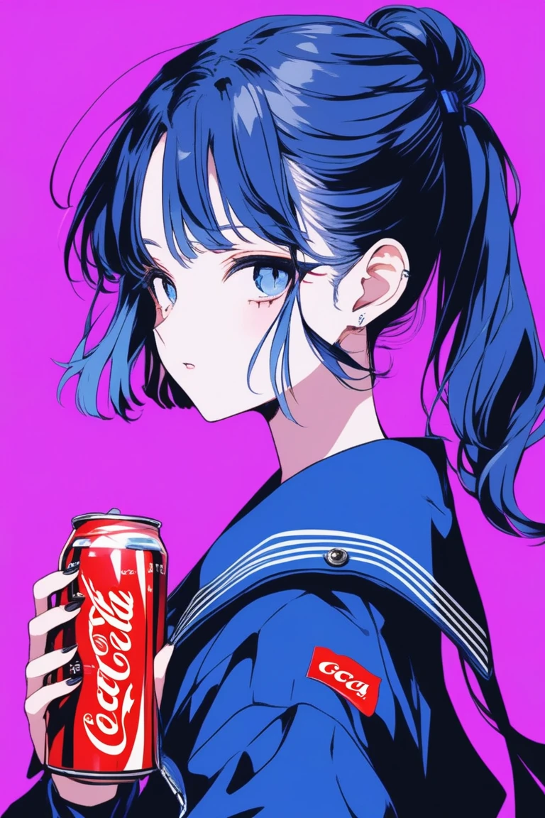 ((masterpiece,Highest quality)), 8k, anime , Realistic ,sketch, anime風のポートレート, 黒猫を連れたanimeの女性, 18-year-old, Blue gradient background, High school girl sailor uniform, Neon Ponytail Hair, lip,, Holding a can of Coca-Cola, Texture Trim, Japanese, whole body, (masterpiece,Highest quality)