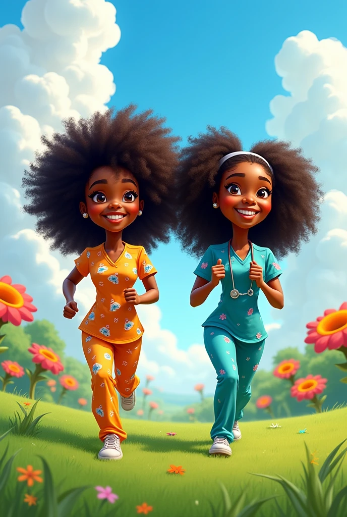 Black Woman Caricature, long curly hair down to the butt, Round face. Another black woman with long curly hair. They are running in a park and are dressed as nurses.