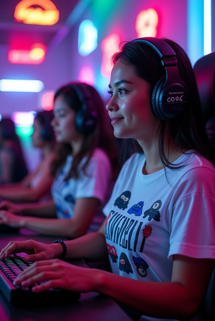 Several female gamers and the written shirt
" @wesleyfranca646 "