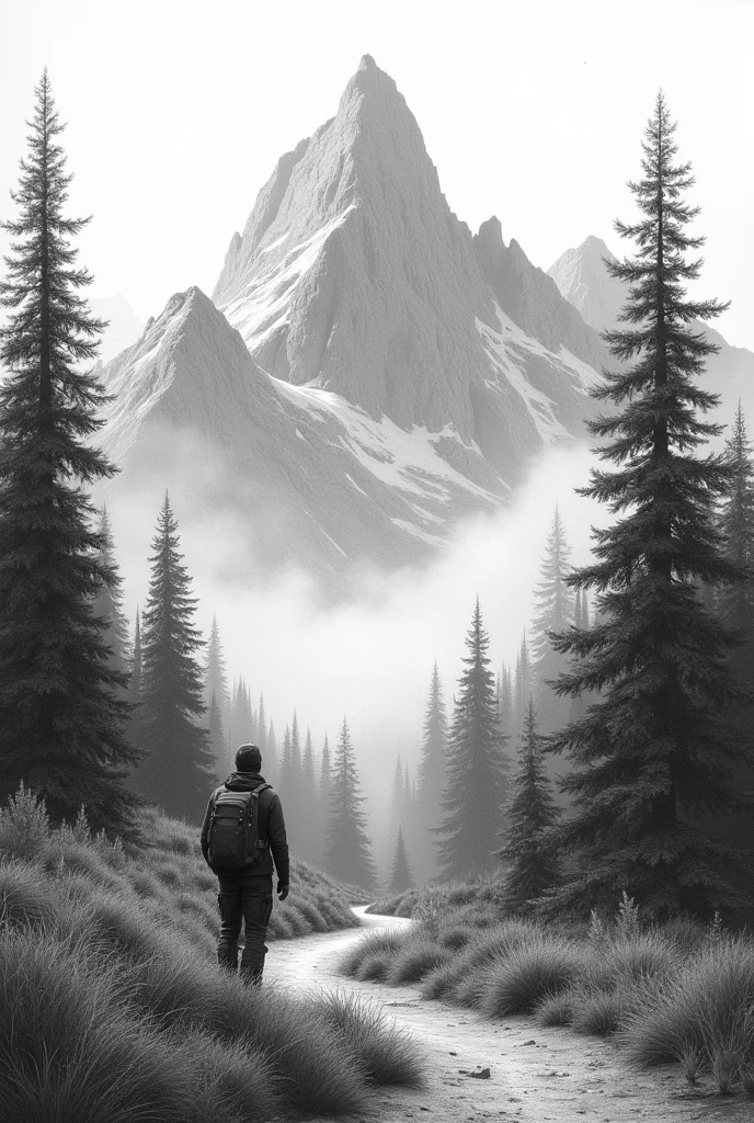 Make a graphite drawing style landscape forest with several mountains, that has a person and perspective
