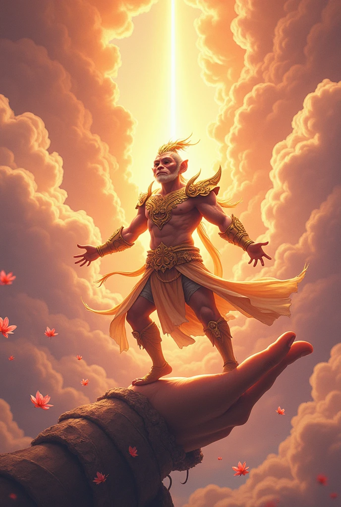 Sun Wukong stands on his palm and two beams of light are shining from the sky