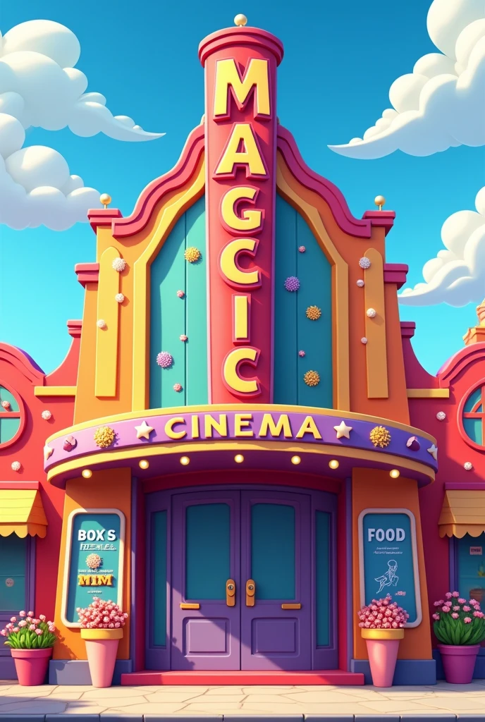 make the outside of a cinema. that it is called MAGIC CINEMA that it is cartoonish, that only the front part is visible. Let nothing cover it, that has the entrance in the middle, that the ticket office where they sell the tickets is on the right side and above the window there is a sign that says BOX OFFICE, and the food on the left side and have a sign above the window that says FOOD, that are in the shape of a window, that is cute and eye-catching, that is elegant and with a high or striking structure  (that MAGIC is vertical and CINEMA is horizontal ) 