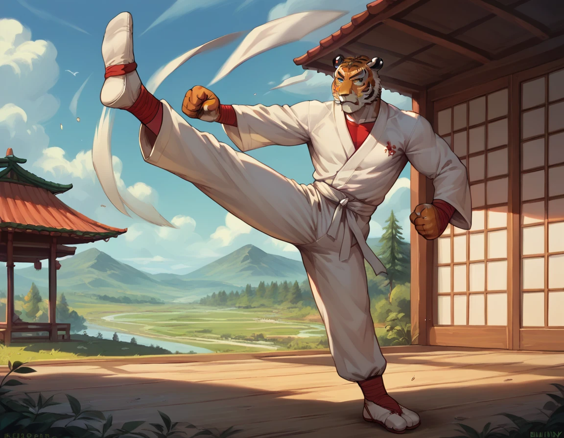 (1boy, solo), (boy is fighting, flying kick. (Tiger's head:1.0), muscular, bulky, detailed face, karate suit), (full body), (scenery dojo)