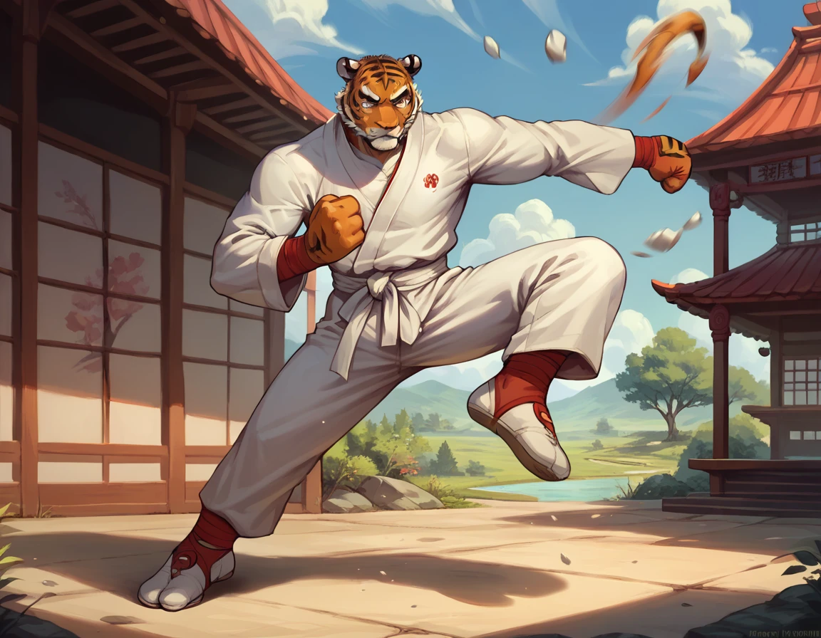 (1boy, solo), (boy is fighting, flying kick. (Tiger's head:1.0), muscular, bulky, detailed face, karate suit), (full body), (scenery dojo)