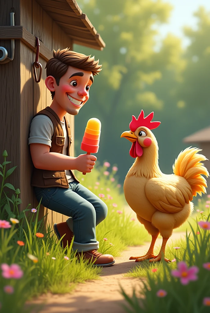A man catches the attention of a chicken with a popsicle through a fence