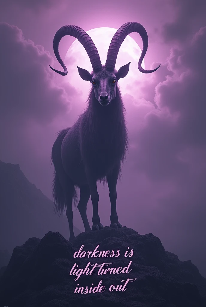 A dark lilac landscape with a baphomet in the middle and a written phrase below "darkness is light turned inside out"
