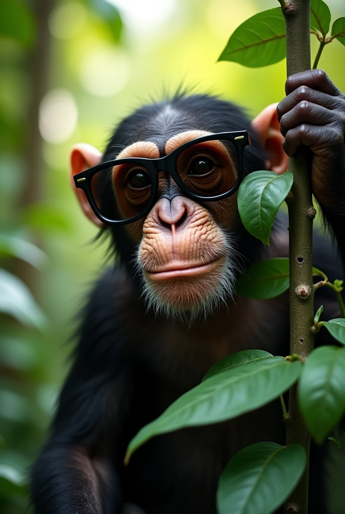 a chimpanzee wearing black spy sunglasses