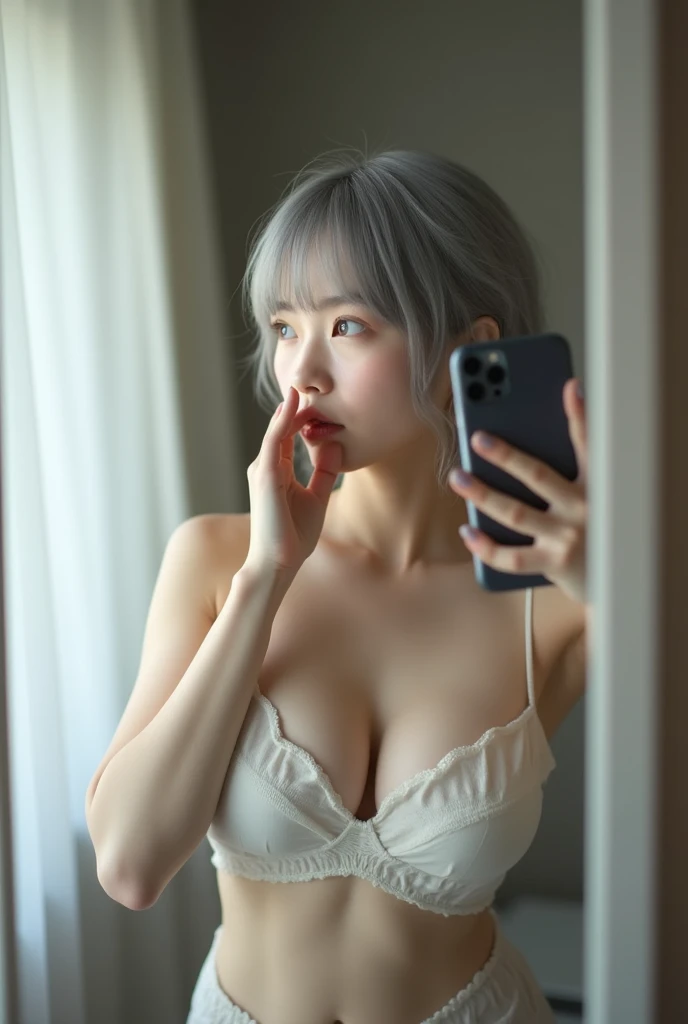 highly detailed, beautiful, hyper Realistic girl, masterpiece, best quality, Japanese sexy gravure woman, 28 years old, identity hidden, takes a selfie in her room using a smartphone in front of a mirror with one hand, One arm raised,She covers her mouth with one hand, looking away from the camera, /// gray short hair, light color eyes, Realistic skin, Detailed face, surreal, large breasts, Monotone simple modern taste single room, mirror, complicated background, showing breast, sexy white room wear,