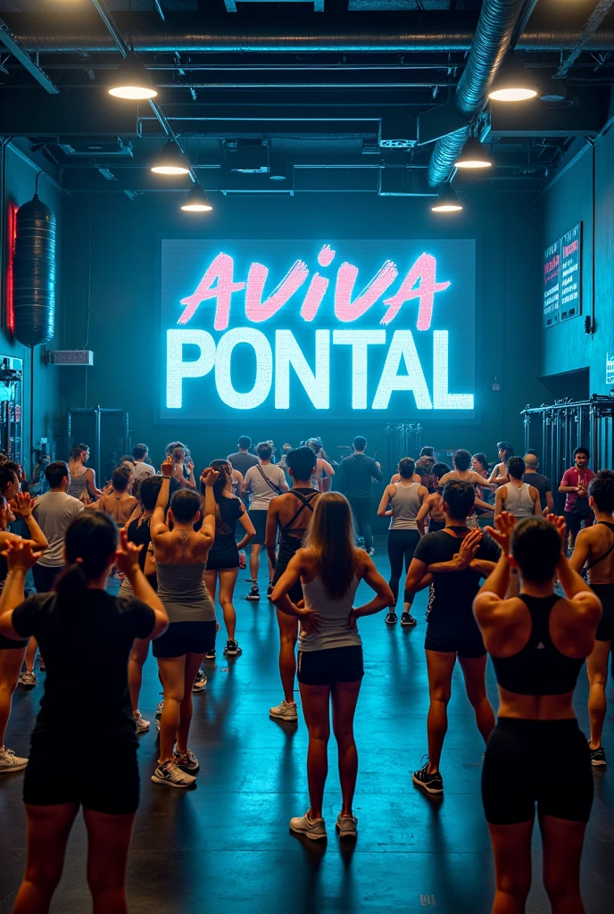 Create a gym full of people with a big screen with a name aviva pontal 
