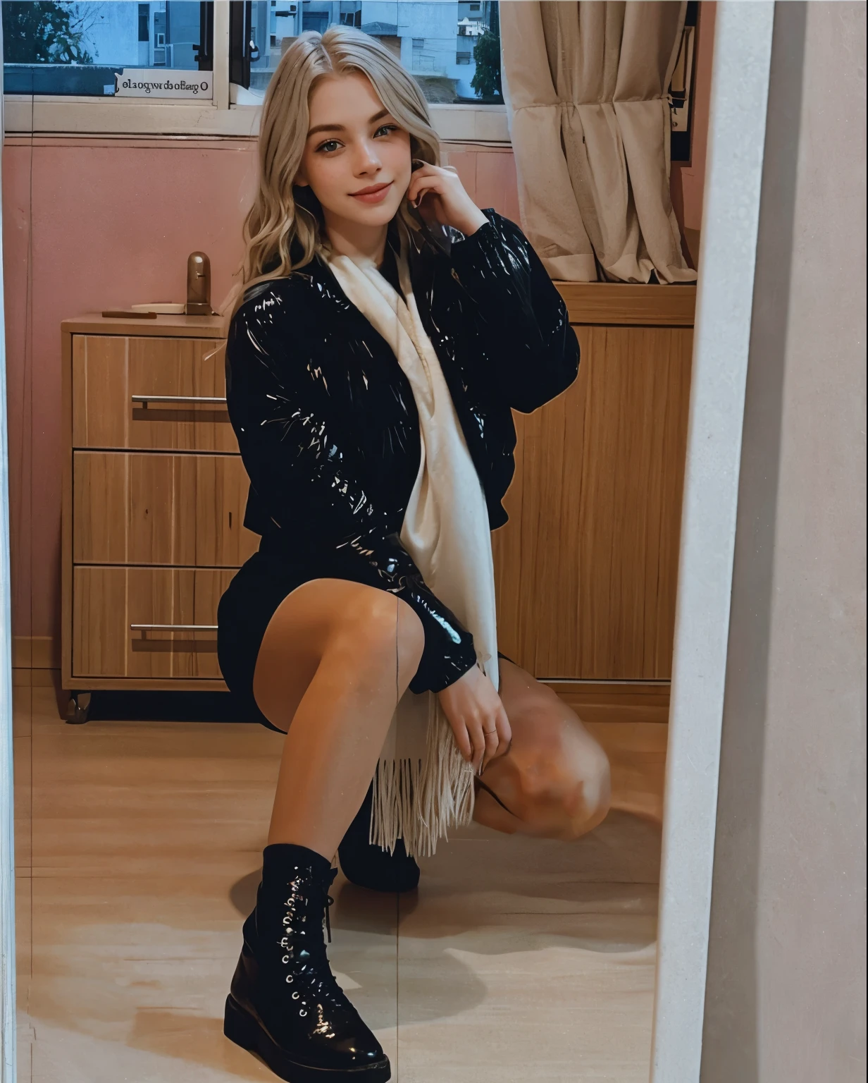 Face of a woman, americana, age 25, pale skin and freckles, grey-eyed, delicate nose, soft and delicate lips, Long Wavy Gray Blonde Hair, Sweet smile, cabelo solto e cheio, mão mexendo no cabelo 