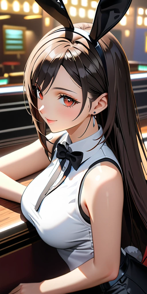 (((((tifa lockhart:1.5))))),((Highest quality、masterpiece、anime style、best quality、high resolution、8k、detailed、ultra-detailed:1.3))、Long legs:1.2, Beautiful woman with perfect figure:1.4、(Smiling:1.2), double eyelid、30-year-old female、((((One Woman,beautiful face,Beautiful face:1.5)))),Big Breasts、High resolution, accurate, Anatomically correct, High-resolution model, high quality, Very detailed, Ultra high definition、Black Hair、Straight Hair、Long Hair、(((Bunny girl、Bunny ears headband,casino:1.1)))