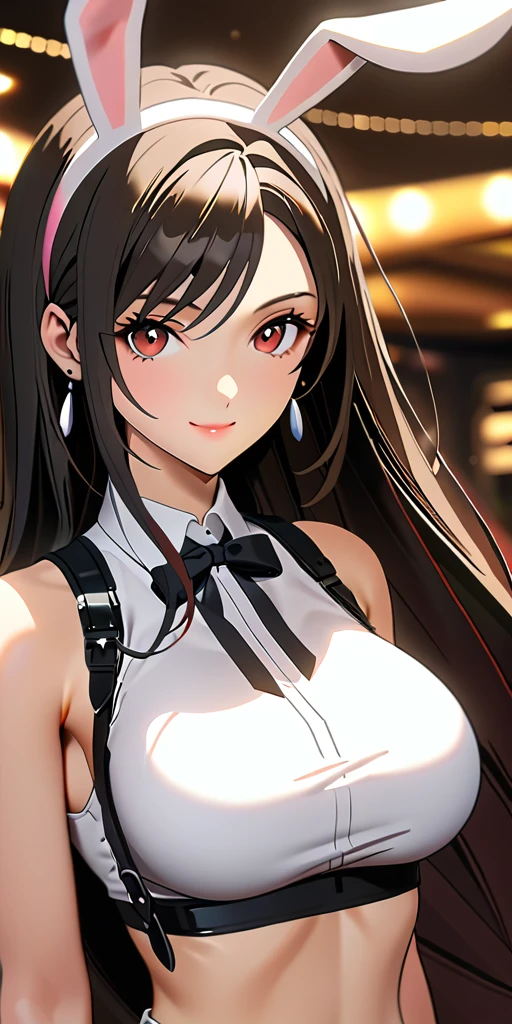 (((((tifa lockhart:1.5))))),((Highest quality、masterpiece、anime style、best quality、high resolution、8k、detailed、ultra-detailed:1.3))、Long legs:1.2, Beautiful woman with perfect figure:1.4、(Smiling:1.2), double eyelid、30-year-old female、((((One Woman,beautiful face,Beautiful face:1.5)))),Big Breasts、High resolution, accurate, Anatomically correct, High-resolution model, high quality, Very detailed, Ultra high definition、Black Hair、Straight Hair、Long Hair、(((Bunny girl、Bunny ears headband,casino:1.1)))