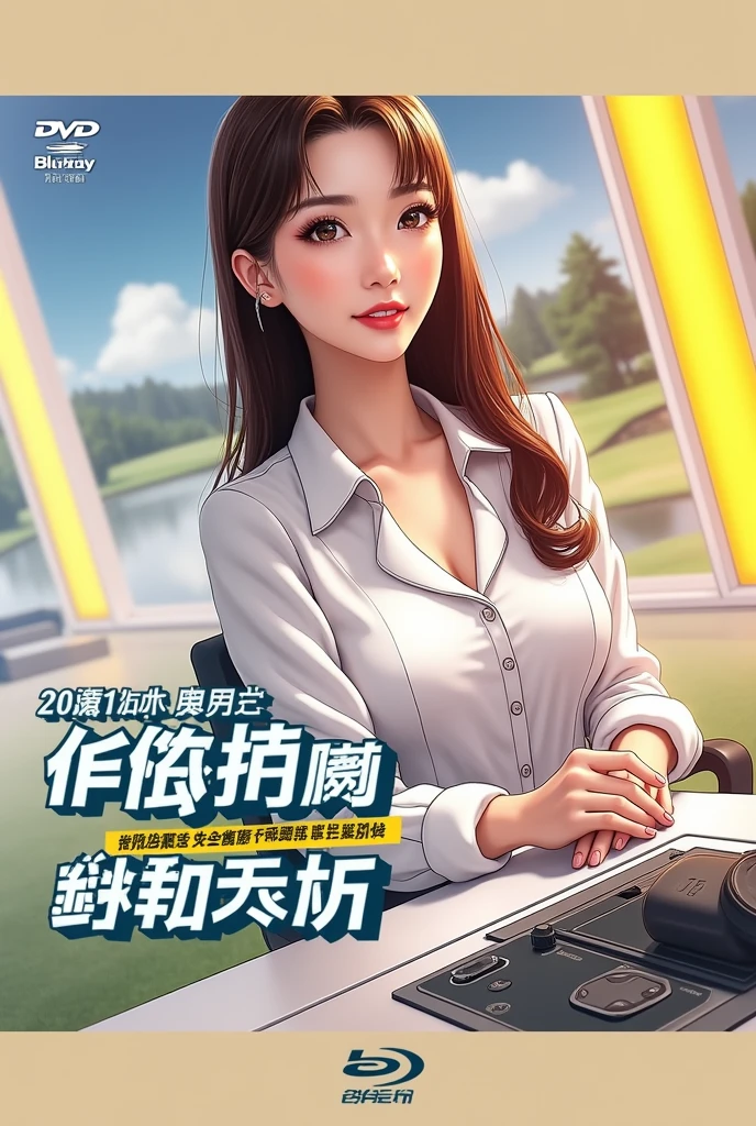 (((photographgraph、Realistic)))Woman sitting at a desk in front of a microphone, YoutubeArt, New Prints, Golf course, Bright atmosphere, , Official Media, toriyama akira, (((photograph, Photorealism))) Adult video poster layout, (((On-screen text: "The current female announcer of that famous baseball team makes a shocking AV debut!!"))), (((DVD mark, Blu-ray mark))).
