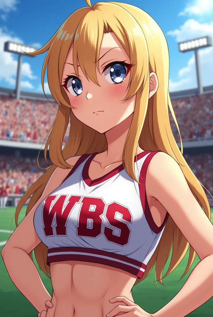 An anime girl, cheerleader, upper body only, bitchy face, mole under left mouth, big boobs, elegant let down long hair, blond hair, adult, write WBS on the shirt, slanted eyes, matured face shape