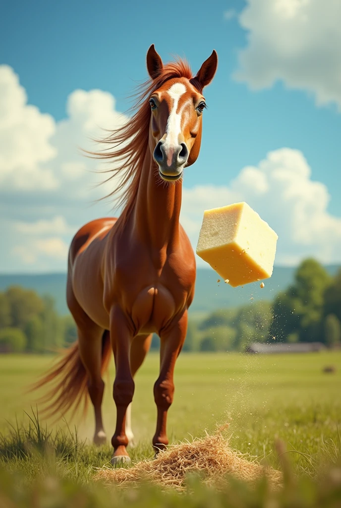 A horse hit by flying tofu on its side