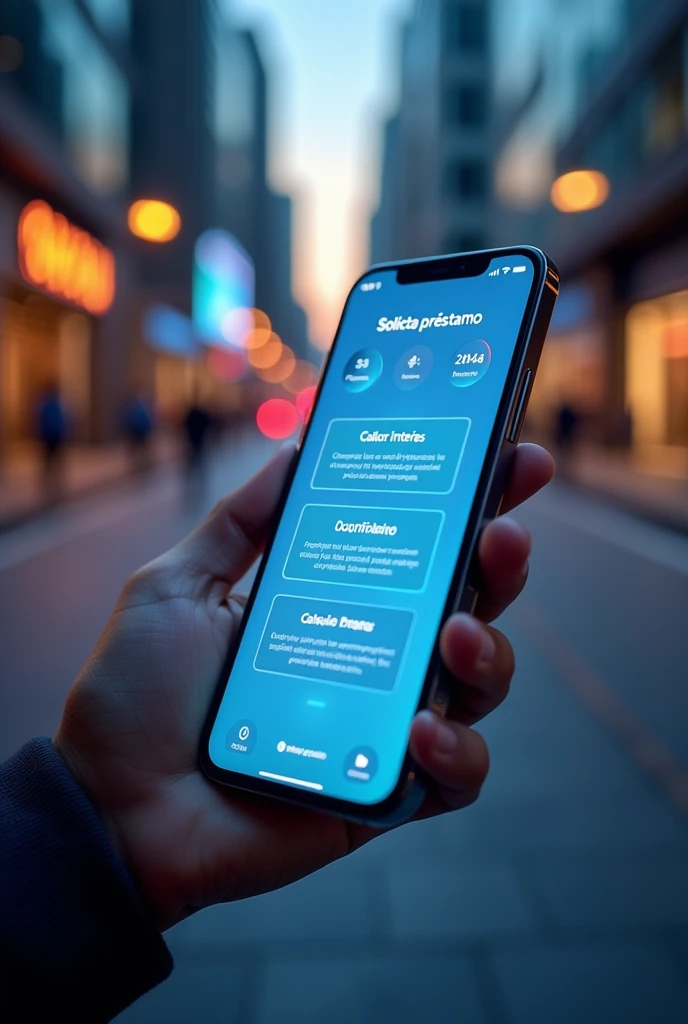 Make me an image of the future digital bank that shows how to apply for a loan but that can be seen from a phone. Only the phone with the options is visible, that the options shown are in Spanish