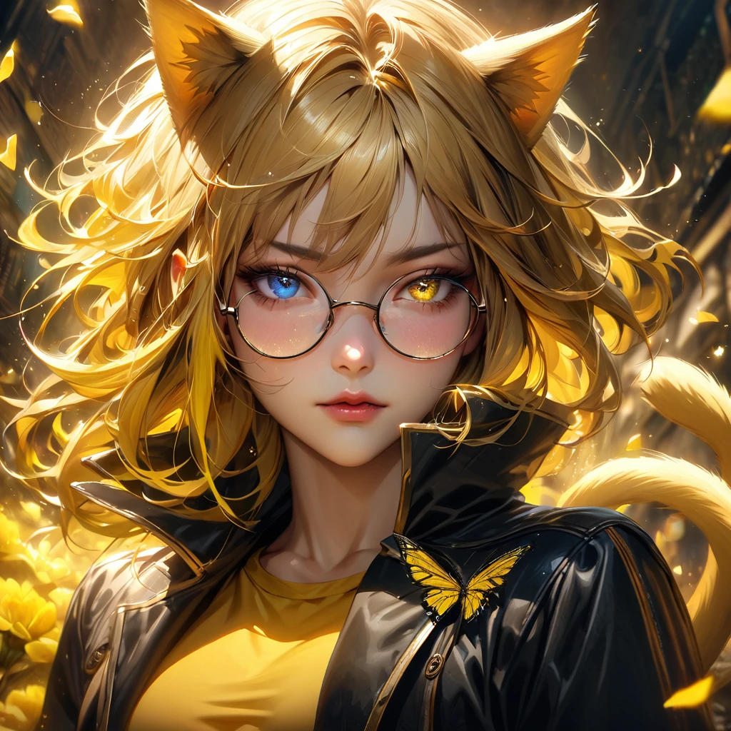 Extremely detailed, high resolution, absurd, HDR, masterpiece, Fushiguro Megumi, Expressive yellow eyes, Jiu Jitsu Kaiba, Black long coat, yellow Ice flowers, petal, Very beautiful, Sexy girl, Solitary, Extremely detailed eyes and face, yellow Ice, yellow Ice sparkling butterflies, yellow T-shirt, Realistic face, sparkling, sparkling eyes, yellow cat,  black long hair, yellow hair tail, Colorful Hair, heterochromia, wear round glasses, A pair of cat ears on the head