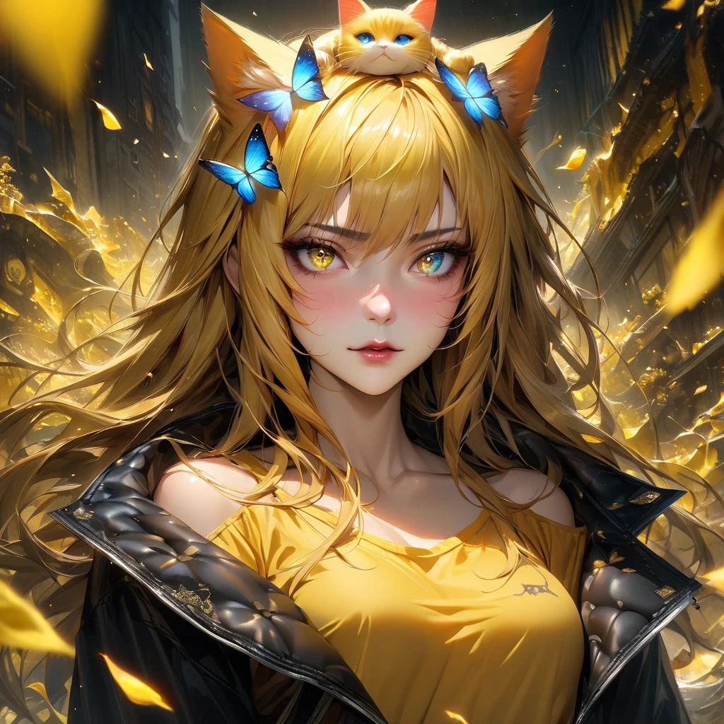 Extremely detailed, high resolution, absurd, HDR, masterpiece, Fushiguro Megumi, Expressive yellow eyes, Jiu Jitsu Kaiba, Black long coat, yellow Ice flowers, petal, Very beautiful, Sexy girl, Solitary, Extremely detailed eyes and face, yellow Ice, yellow Ice sparkling butterflies, yellow T-shirt, Realistic face, sparkling, sparkling eyes, yellow cat,  black long hair, yellow hair tail, Colorful Hair, heterochromia, wear round glasses, A pair of cat ears on the head