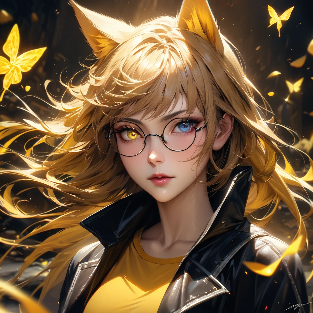 Extremely detailed, high resolution, absurd, HDR, masterpiece, Fushiguro Megumi, Expressive yellow eyes, Jiu Jitsu Kaiba, Black long coat, yellow Ice flowers, petal, Very beautiful, Sexy girl, Solitary, Extremely detailed eyes and face, yellow Ice, yellow Ice sparkling butterflies, yellow T-shirt, Realistic face, sparkling, sparkling eyes, yellow cat, black long hair, yellow hair tail, Colorful Hair, heterochromia, wear round glasses, A pair of cat ears on the head