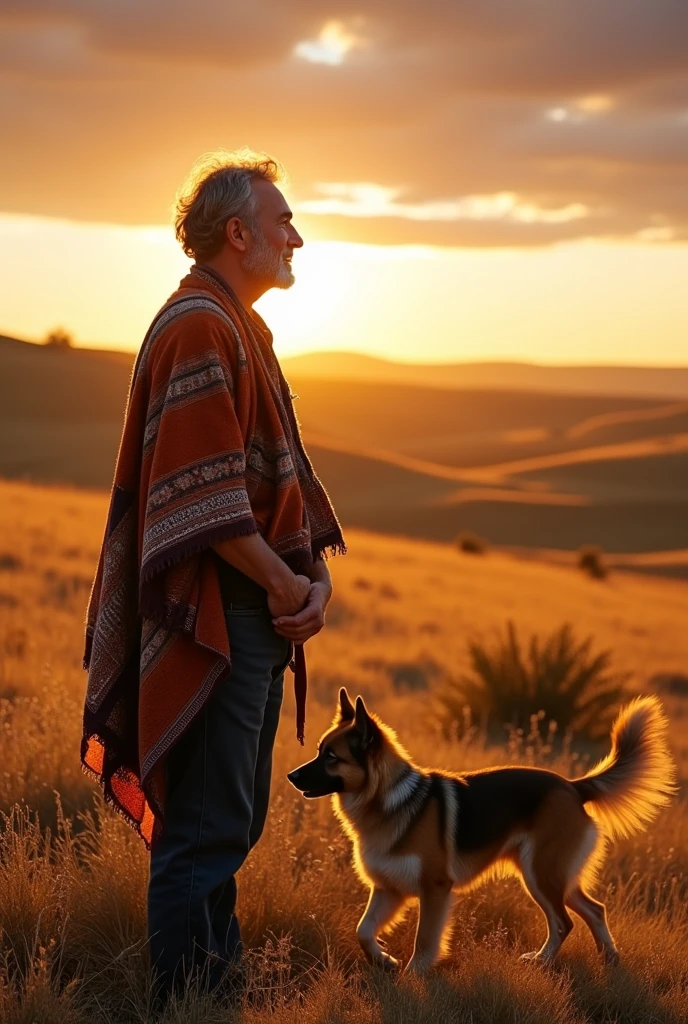 An adult person from the countryside with his poncho watching a dog walking around there in the pampas. The dog may be a little far away and the dog may be going somewhere else.?