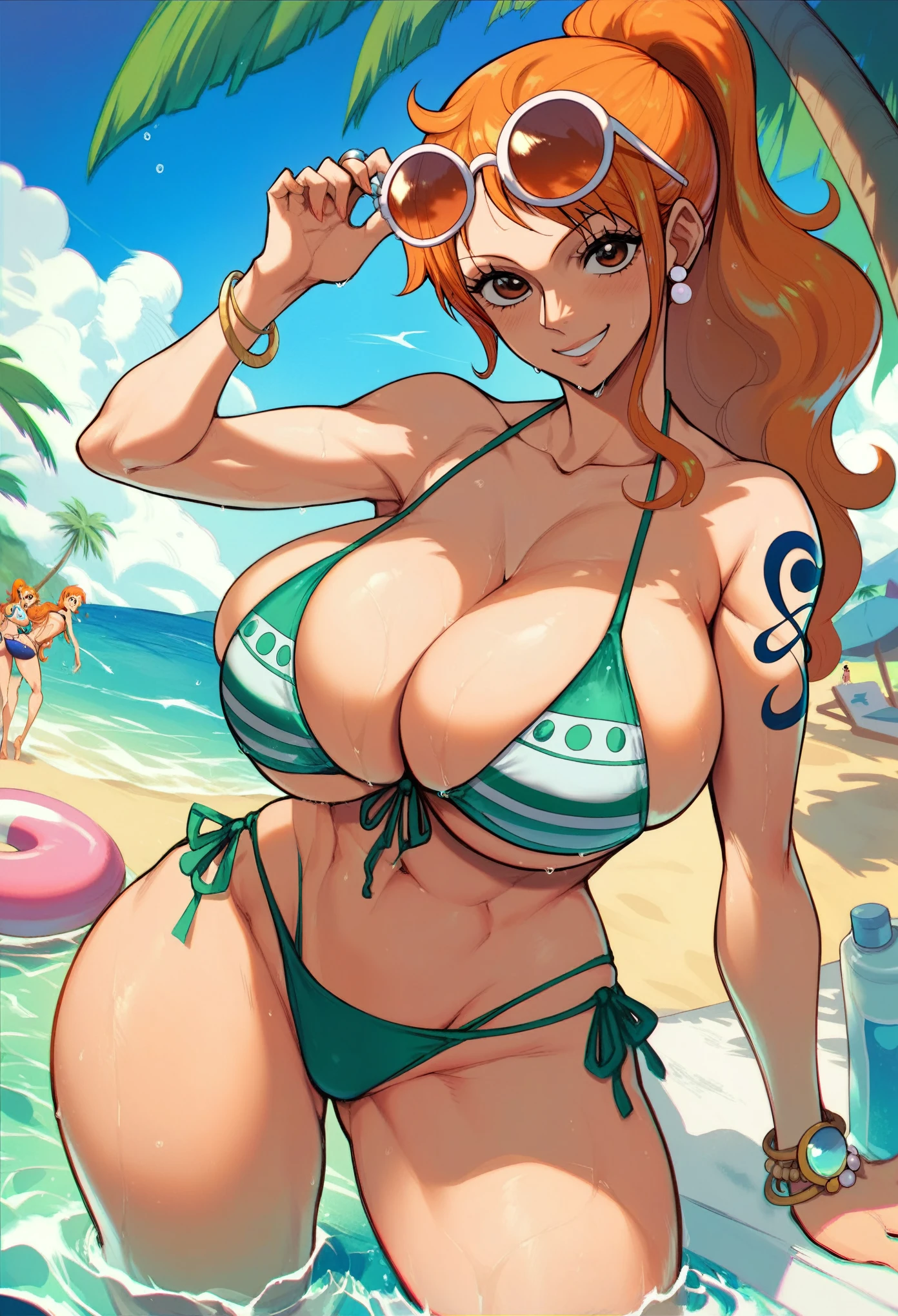 good art style, well drawn, detailed art, nami, nami from one piece, orange hair, long hair, ponytail, round sunglasses with pink lenses, sunglasses on forehead, bikini, stylish bikini, sexy pose, looking at viewer, oppai!, bursting breasts, ((cleavage)), curvy, thick thighs, brown eyes, cute, mature, sexy, sexy smile, eye contact with viewer, breast focus, standing, beach, palm tree, athletic build, (wet, covered in water, standing in water), perky breasts, standing straight up, short