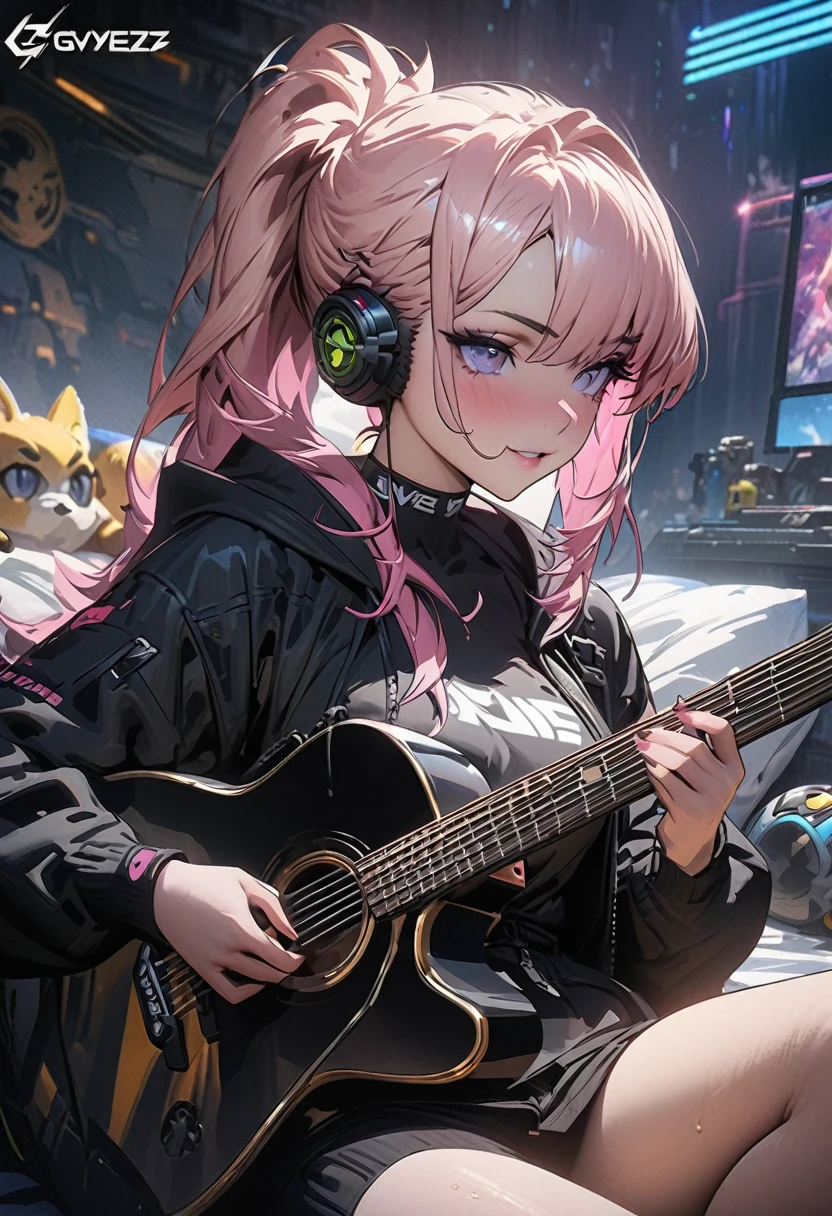 (masterpiece), (最high quality), (High resolution), Large official art, Unity 8k wallpaper, Super detailed, 美しくてbeautiful, high quality, beautiful, masterpiece, The best quality at its best, (((woman))), woman一人, The girl lay on the bed,He has a guitar and lots of toys., Gveiz-style artwork, Anime Girl Cosplay, Cyberpunk anime, Anime Style 4K, AND - , egirl, Gveiz, Fan Art Best Art Station, guweiz on pixiv artstation, Anime Style, Cyberpunk anime in hoodie