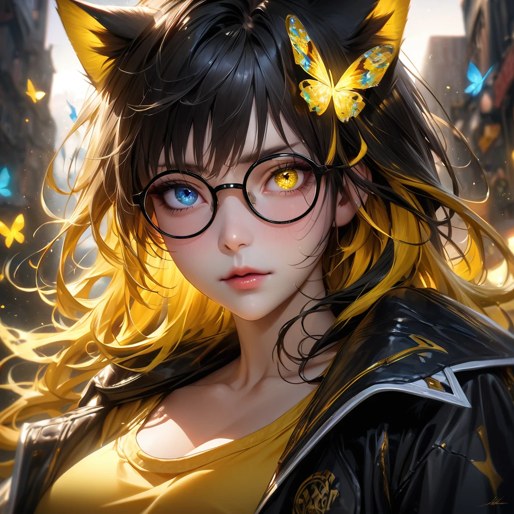 Extremely detailed, high resolution, absurd, HDR, masterpiece, Fushiguro Megumi, Expressive yellow eyes, Jiu Jitsu Kaiba, Black long coat, yellow Ice flowers, petal, Very beautiful, Sexy girl, Solitary, Extremely detailed eyes and face, yellow Ice, yellow Ice sparkling butterflies, yellow T-shirt, Realistic face, sparkling, sparkling eyes, yellow cat, black long hair, yellow hair tail, Colorful Hair, heterochromia, wear round glasses, A pair of cat ears on the head