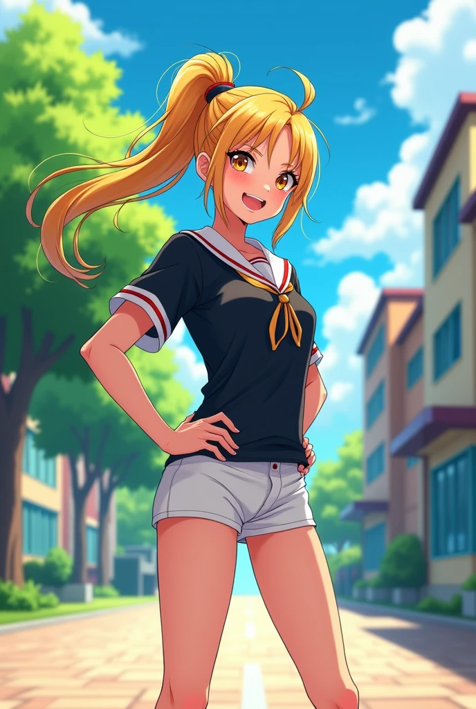 (highly saturated、colorful illustration:1.2)、(ponytail hair、golden hair、bright skin:1.2)、(long beautiful legs:1.2)、from below、1 girl, game CG, Girl in schoolgirl uniform, black skirt、white panties、put your hands on your hips、In front of school during the day、street tree々、smile、huge breasts, black eye, dynamic, outside、1 beautiful woman,Are standing、hair shines,rational movement,((8K,masterpiece,realistic),(hyper detail,ultra clear,nature,Vibrant cleavage all over the body,Light chest,slender beautiful legs,stretch the meat,small breasts,((A suspicious learning man licks a girl)).