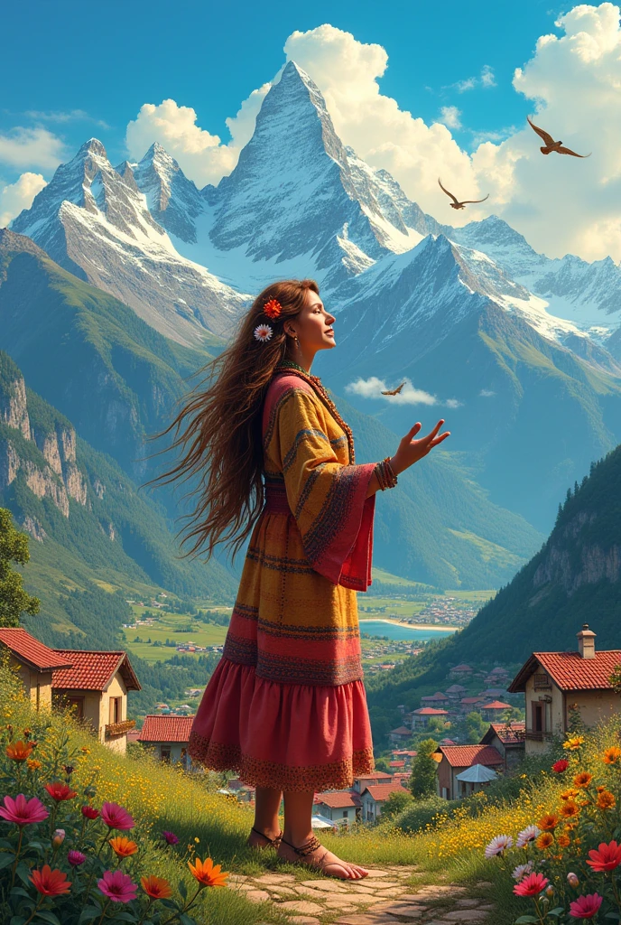Create a revolutionary woman with the Text (Carolina) , in a village with a mountain backdrop